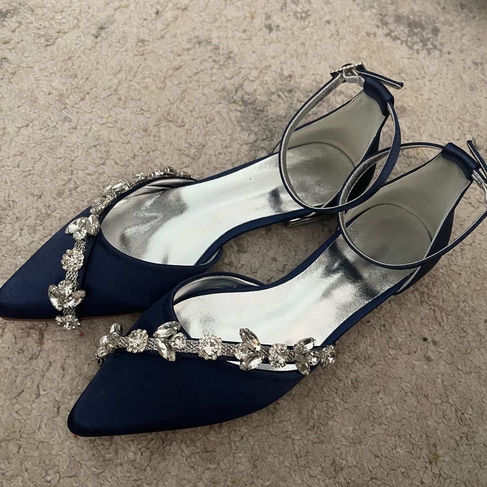 LLBubble Women Satin Crystals Wedding, prom Flats Shoes Pointed Toe Navy Blue 6